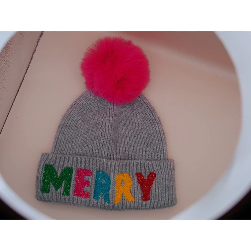 Shiraleah Chicago Kids Merry Beanie Grey Multicolor Pom Winter Hat NWT OSFM